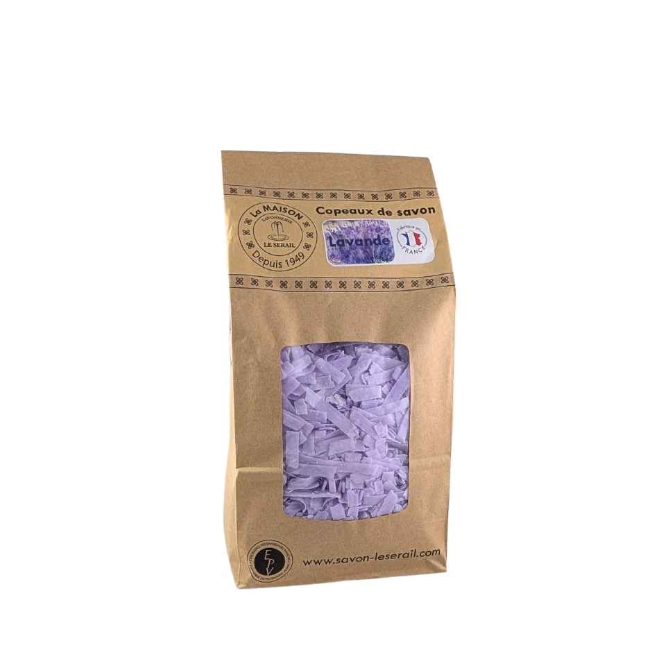 SCOP750-LAV_Copeaux-savon-marseille-soap-flakes-lavande-lavender-750g-Le-Serail-1 Copeaux savon de Marseille à la lavande, sac kraft 750g
