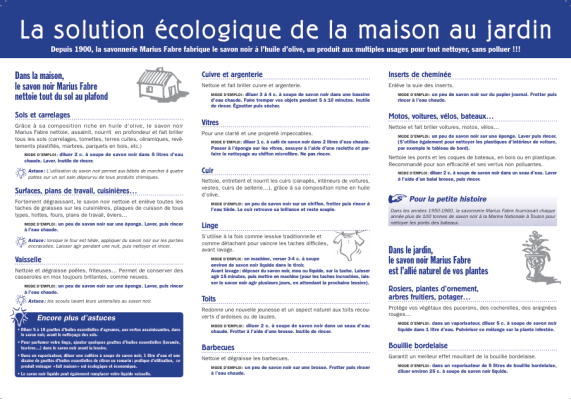 Brochure, utilisations savon noir ménager (recto)