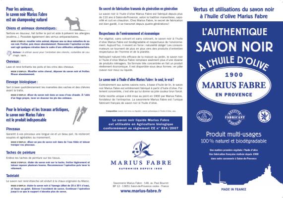 Brochure, utilisations savon noir ménager (verso)