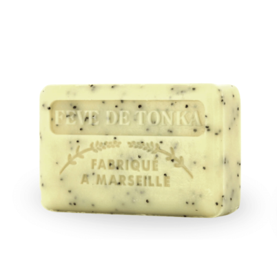 Savonnette Marseillaise au beurre de karité bio parfumé à la Fève de Tonka avec exfoliant de graines de pavot