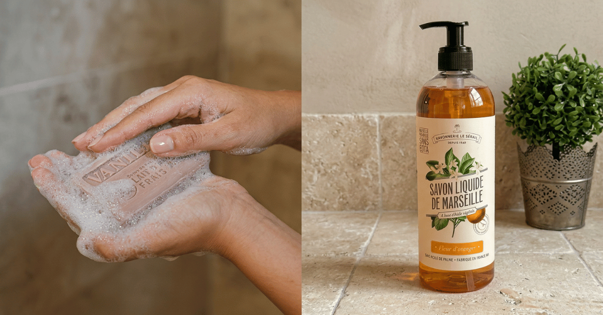 Savon solide qui se fait mousser dans la douche ainsi qu'une bouteille de savon liquide sur un comptoir