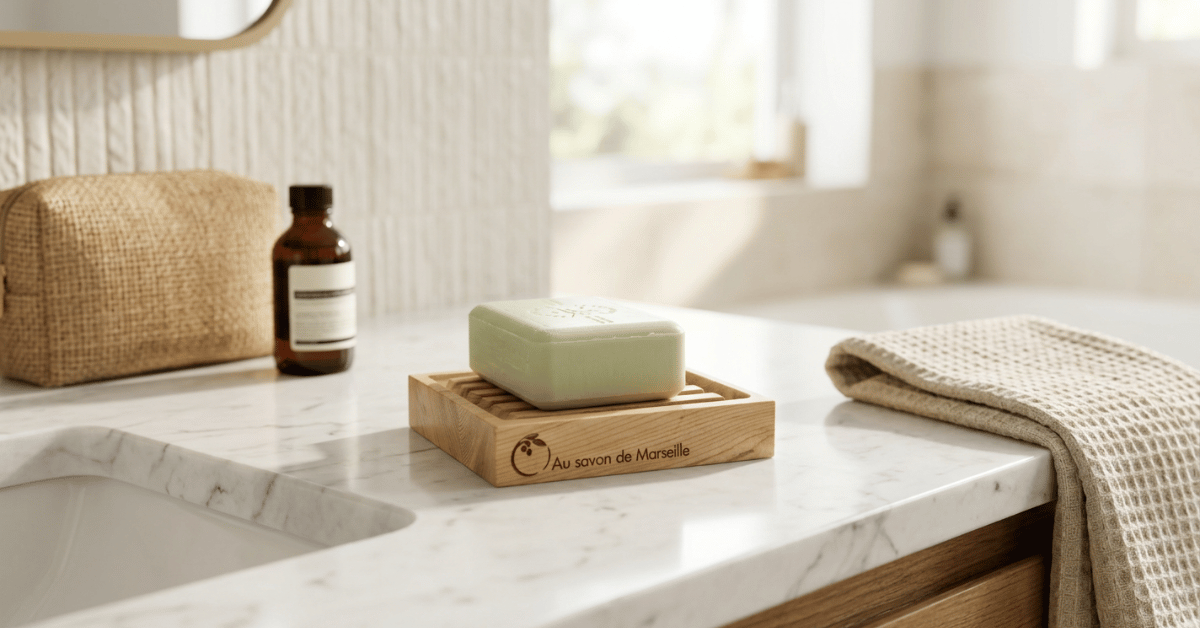 Savon solide posé sur un porte-savon drainant Au Savon de Marseille