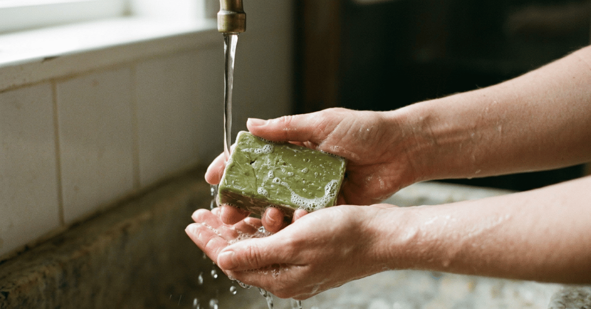 Se savonner les mains avec une barre de savon à l'olive, mousse fine et délicate