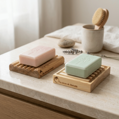 Deux porte-savon en cèdre avec un savon solide sur chacun