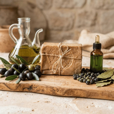 Huile d’olive et huile de baies de laurier avec un savon d’Alep traditionnel